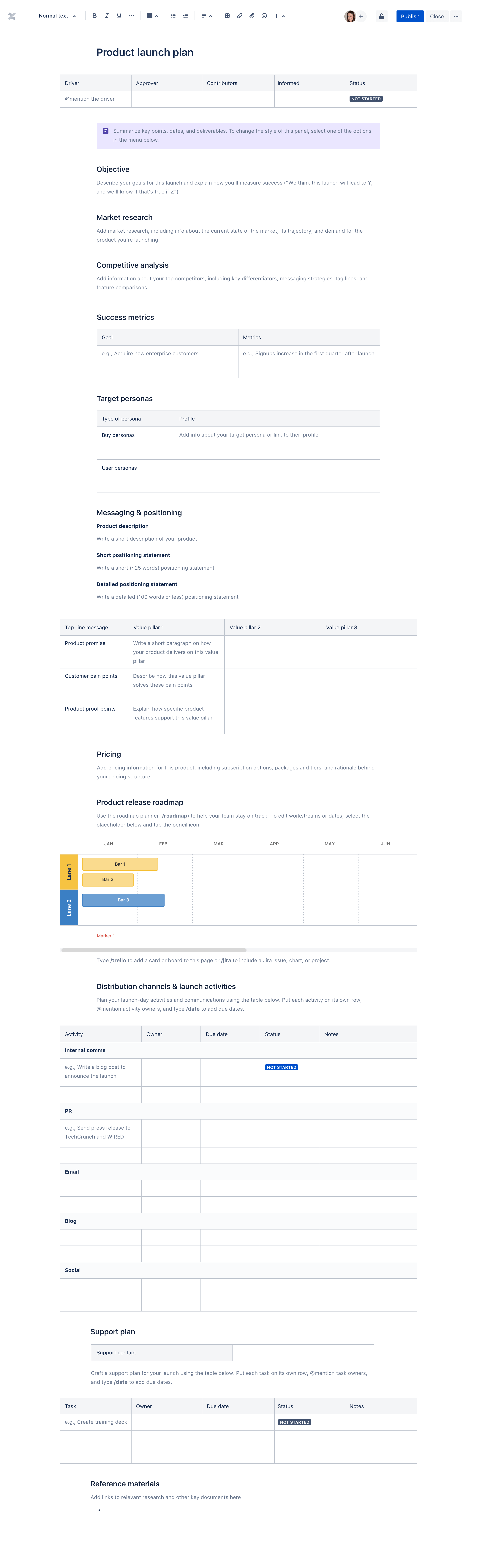 Product launch plan template Confluence Atlassian